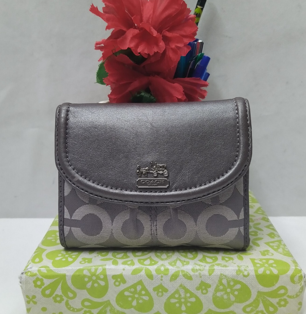 Coach Gray Canvas Leather Trim Credit Card ID Window Trifold Wallet